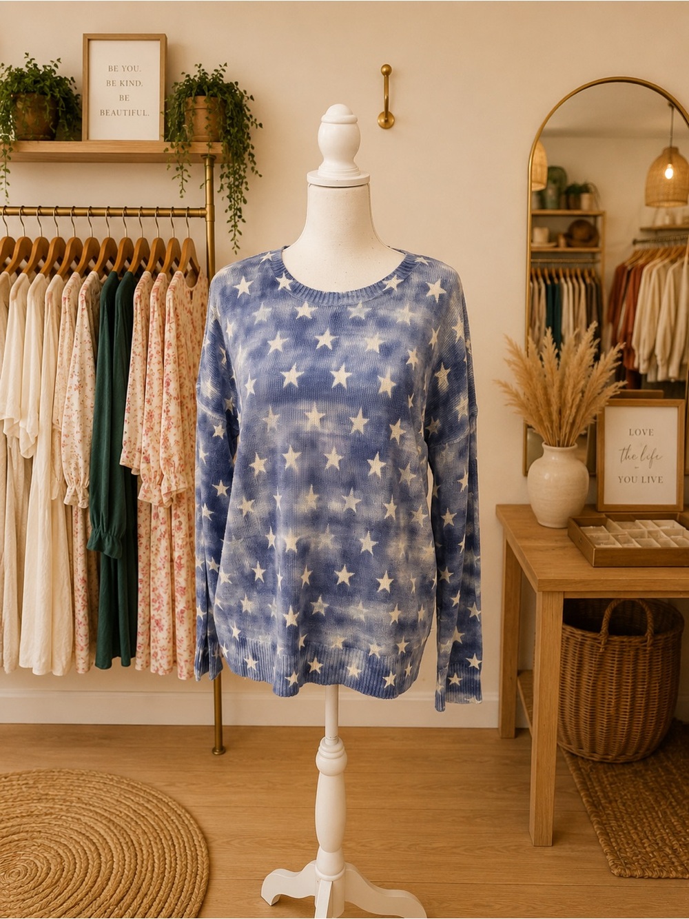 Rock & Republic Blue Tie Dye Star Sweater Size Medium Patriotic Lightweight Knit